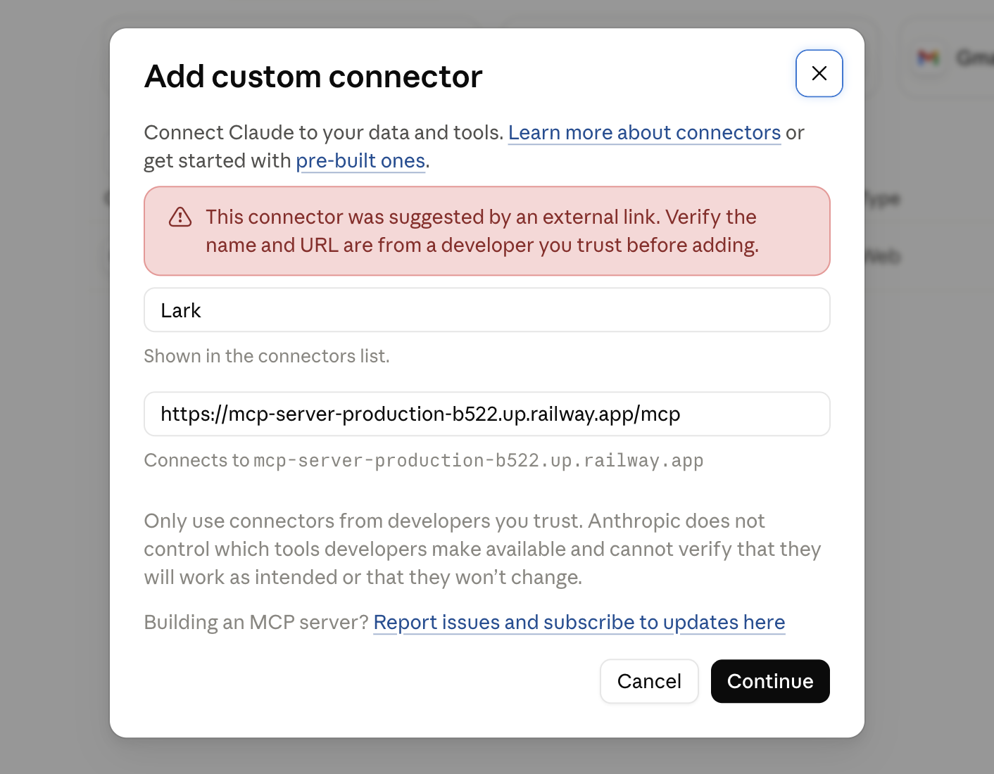 Claude's Add custom connector dialog with the name and URL prefilled