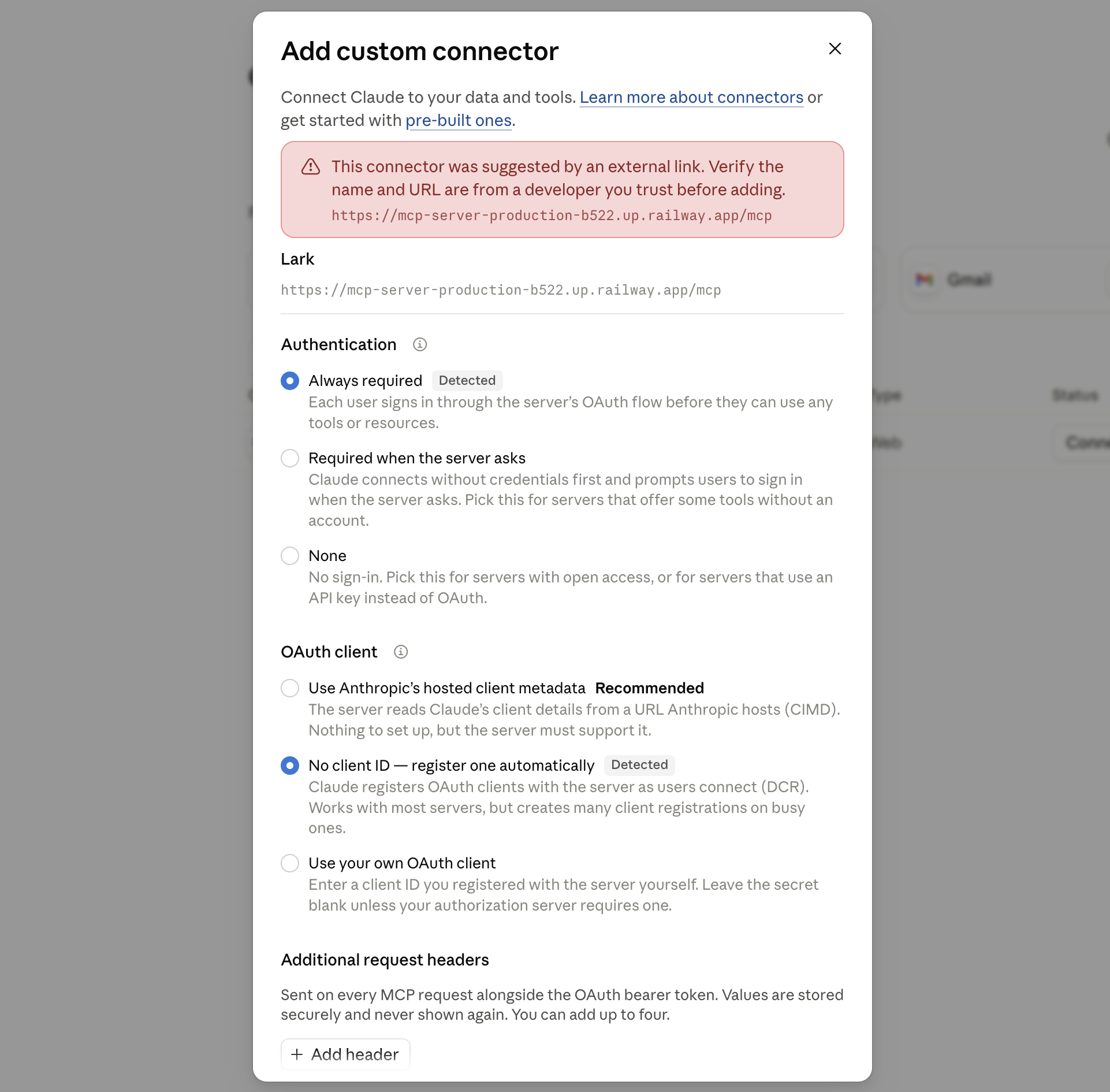 The Authentication and OAuth client options on their detected defaults