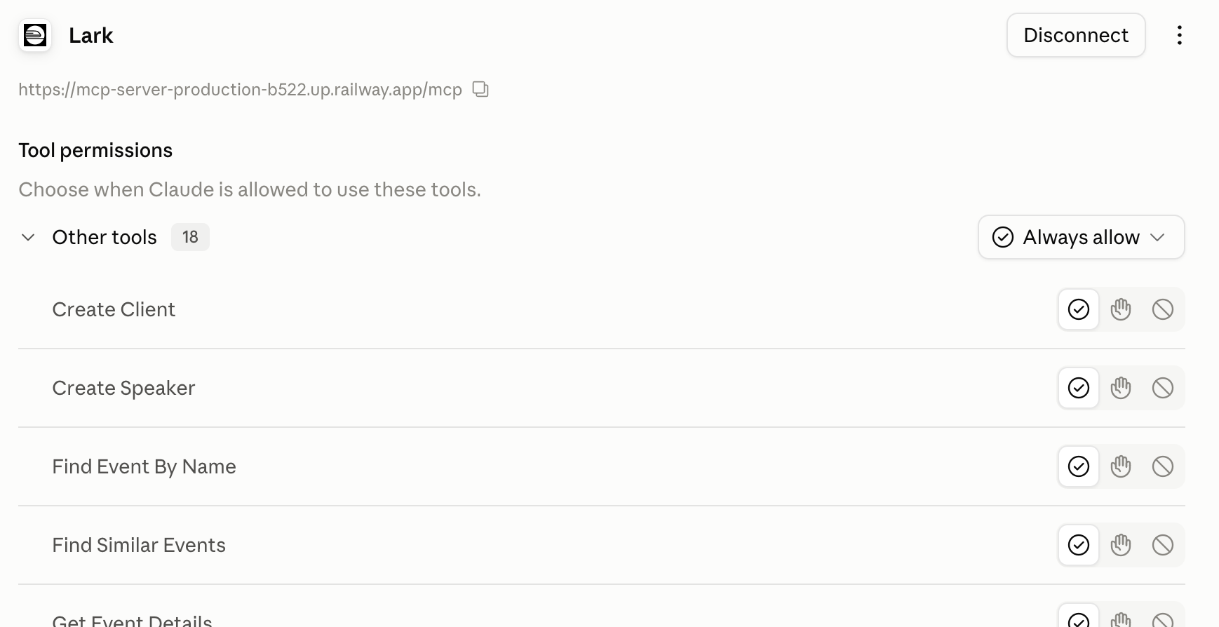 The connector's Tool permissions list with per-tool allow, ask, and block controls