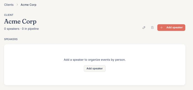 A new client page with the Add speaker button in the header and empty state