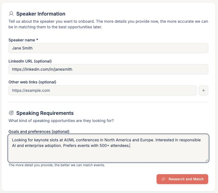 The Speaker Info step filled in with a name, LinkedIn URL, and speaking goals