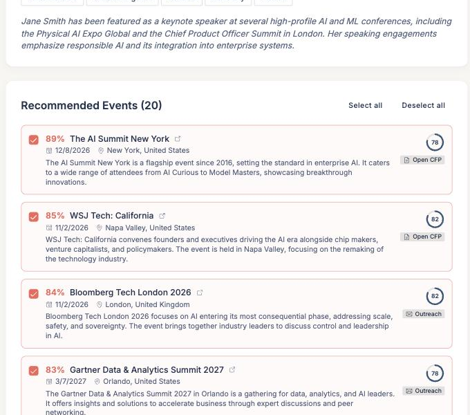 The Results step showing the editable speaker profile above scored recommended events