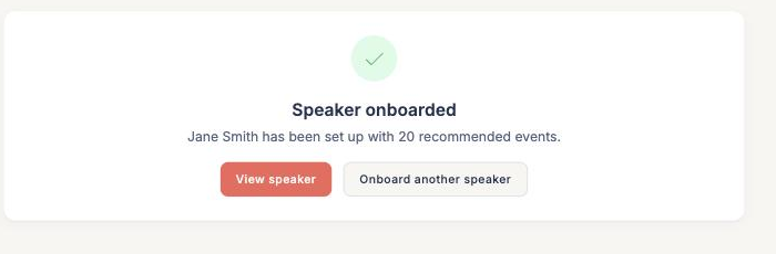 The confirmation step reading Speaker onboarded